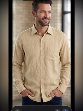 Grant Thomas Beige Linen Button-Down Shirt Relaxed Classic Large